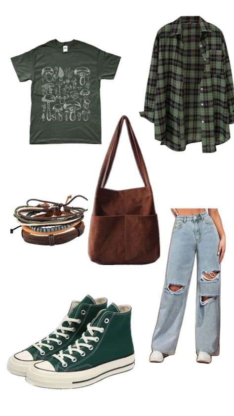 #grunge #clothes #outfit #flannel #converse #graphictee Green Grunge Outfit, Green Converse Outfit, Green Flannel Outfit, Bookworm Clothes, Grunge Fall Outfits, Grunge Clothes, Flannel Fashion, Flannel Outfits, Downtown Outfits