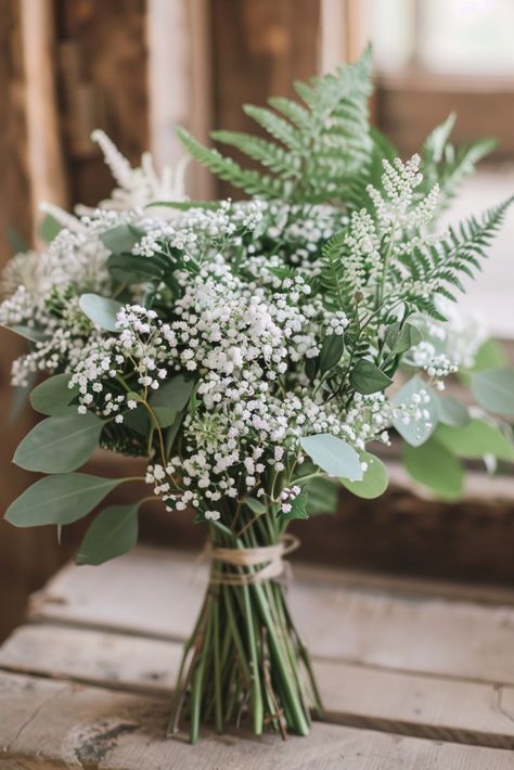 Baby’s Breath and Mixed Greenery, Ferns, and Eucalyptus Greenery Wedding Bouquet Greenery Only Wedding Bouquet, Eculyptus Wedding Boquet, Bouquet For Green Wedding, Fern And Eucalyptus Bouquet, Dark Green Flower Arrangements, Wedding Ideas Eucalyptus, Bouquet Wedding Green And White, Rosemary And Eucalyptus Wedding, Moss Bouquet Wedding