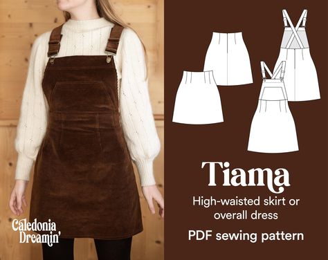 70s High Waisted Vintage Overall Dress Sewing Pattern - Tiam Overall Dress Sewing Pattern, Fall Sewing Patterns, Women Sewing, Fall Sewing, Sewing Projects Clothes, Overall Skirt, Couture Mode, Skirt Patterns Sewing, Womens Sewing Patterns