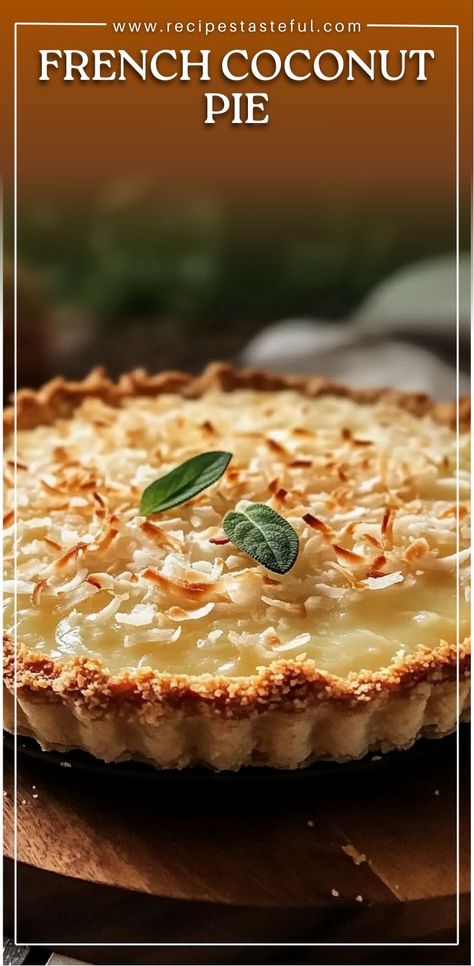 This French Coconut Pie combines the sweet, rich flavor of coconut with a golden, crispy pie crust. The creamy filling, made with shredded coconut, eggs, and milk, bakes to perfection in an unbaked pie crust. With its simple ingredients and easy prep, this pie is perfect for any occasion, from family dinners to holiday gatherings. The slightly sweet and nutty flavor of coconut makes this pie an irresistible treat for coconut lovers. Coconut Pie Recipe Old Fashioned, One Crust Pies, Best Coconut Pie Recipe, French Coconut Pie Recipe, French Pies, Coconut Milk Recipes Dessert, Coconut Custard Pie Recipe, Coconut Eggs, Coconut Pastry