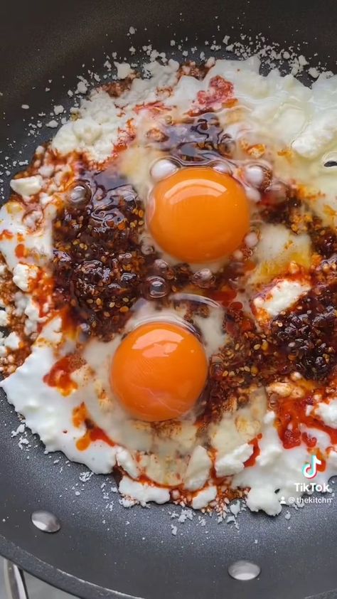 Crunchy Garlic Chili Oil Eggs, Crispy Feta Egg, Chili Oil And Feta Fried Egg, Feta Cheese Eggs, Chili Crisp Fried Egg, Feta Chili Crisp Egg, Feta Fried Egg, Feta Eggs, Fried Egg Recipes