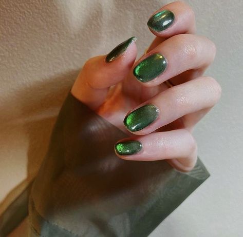 Acrylic Paint Nails, Green Cateye Nail, Green Cat Eye Nails, Moonstone Nails, Nail Ideas For Spring, Green Nail Polish, Green Nail, Jelly Nails, Cat Eye Nails