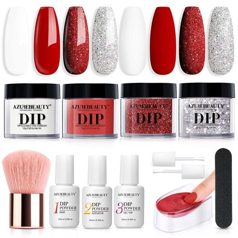 AZUREBEAUTY Dip Powder Nail Starter Kit Red White Silver Glitter, 4 Colors Dipping Powder Set, French Nail Art Base&Top Coat Activator Essential Liquid Manicure No Lamp Needed Azurebeauty Dip Powder, Nail Starter Kit, Dip Manicure, Salon Gifts, French Nail Art, French Nail, Dip Powder Nails, Dipped Nails, Nail Brushes