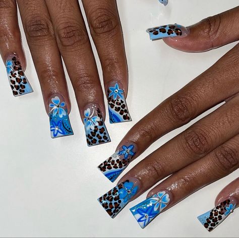 Mc Bling Nails, Duck Nails 2000s, Blue Duck Nails, Duck Nails Y2k, Y2k Duck Nails, Leopard Print Nail Designs, Duck Tip Nails, Nails 2000s, Nails Duck