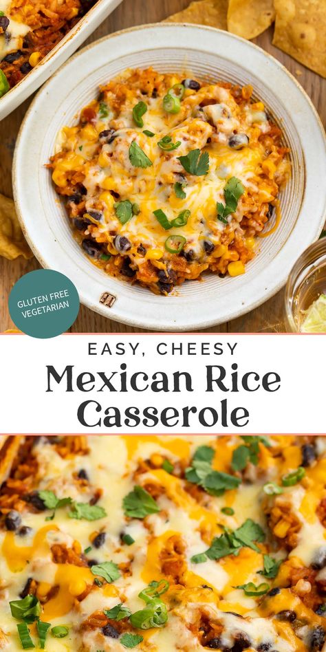 Rice And Bean Casserole Mexican, Vegetarian Recipes With Corn, Gluten Free Mexican Casserole Recipes, Meatless Mexican Casserole, Recipes With Rice Vegetarian, Meatless Rice Meals, Baked Mexican Rice Casserole, Veggie Rice Casserole Recipes, Mexican Meals For A Crowd