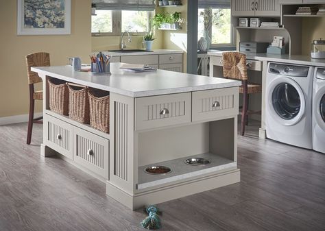 Craft Island with Specialty Pet Station Island With Dog Feeding Station, Kitchen Island With Pet Feeding Station, Dog Feeding Station Kitchen Island, Kitchen Island With Dog Feeding Station, Laundry Room Island, Island Shelves, Schuler Cabinets, Craft Island, Dining Island