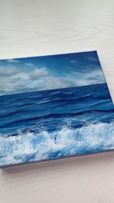 Ocean Art Painting, Vinyl Art Paint, Art Painting Landscape, Waves Painting, Beach Art Painting, Resin Art Painting, Canvas Painting Tutorials, Canvas Painting Landscape, Wave Painting