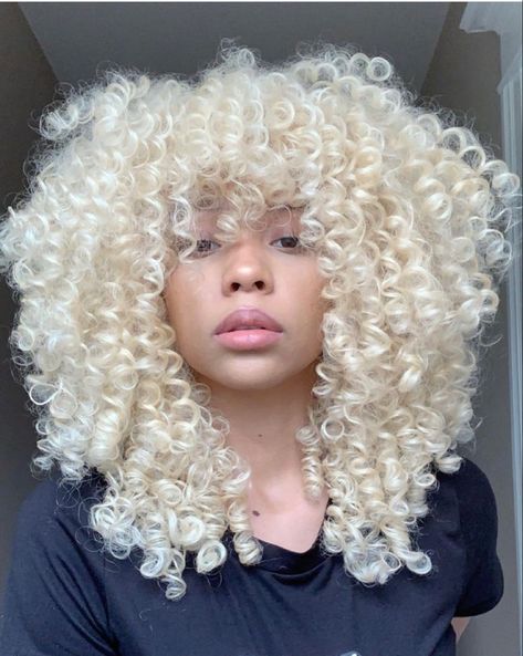 Platinum Afro, Black Women With White Hair, Afro Blonde Hair, Bleach Curly Hair, Platinum Blonde Natural Hair, White Afro Hair, White Hair Black Women, Platinum Blonde Curly Hair, Curly White Hair