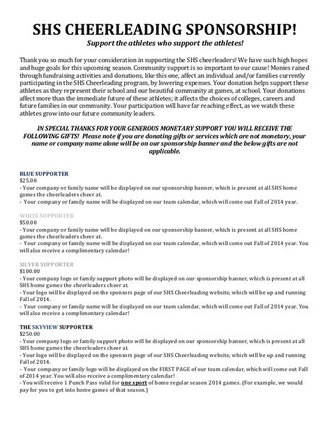 SHS CHEERLEADING SPONSORSHIP! Support the athletes who support the athletes! Thank you so much for your consideration in s... Cheer Fundraiser Ideas, Donation Letter Samples, Cheerleading Fundraiser, Sponsorship Letter, Donation Letter, Newsletter Layout, Fundraising Activities, Letter Template Word, Good Introduction