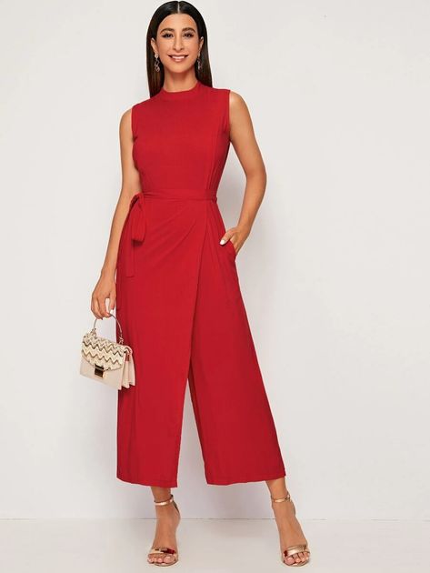 Solid Self Tie Wide Leg Culotte Jumpsuit | SHEIN USA Wide Jumpsuit, Style Jupe, Tank Jumpsuit, Rompers Online, Culotte Jumpsuit, Red Jumpsuit, Autumn Fashion Casual, Jumpsuit With Sleeves, Shein Style