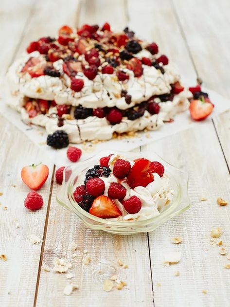 Strawberry pavlova recipe | Summer berries | Jamie Oliver Eaton Mess Recipe, Eton Mess Cake, Eton Mess Dessert, Eton Mess Recipe, Picnic Dinner Party, Eaton Mess, Homemade Fish And Chips, Berry Pavlova, Strawberry Pavlova