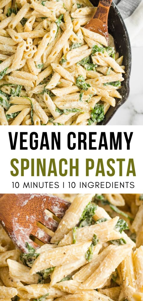 One Pot Pasta Dairy Free, Easy Dinner Recipes With No Meat, Easy Vegan Meals For One, Dairy Free Spinach Pasta, 1 Pot Vegan Meals, Vegan Creamy Spinach Pasta, Easy Simple Vegan Recipes, Vegan Dinner Simple, Quick Dinner Ideas Dairy Free