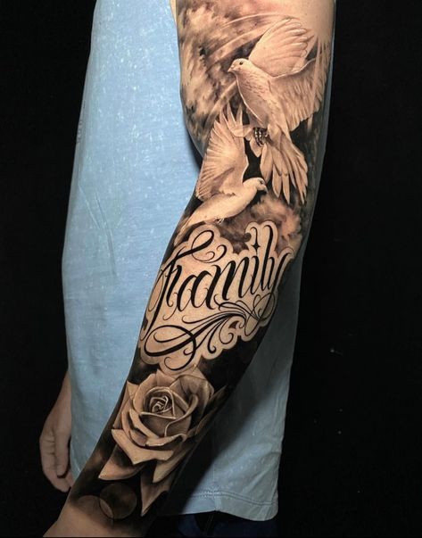 Men Tattoos Arm Sleeve Family, Family Arm Sleeve Tattoo For Men, Dove Half Sleeve Tattoo, Heaven Arm Sleeve Tattoo, Men’s Family Arm Sleeve Tattoo, Name Tattoos On Arm, Family Sleeve Tattoo, Elephant Family Tattoo, Half Sleeve Tattoos Sketches