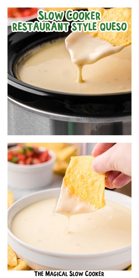 Slow Cooker Restaurant Style Queso is a creamy, gooey goodness made with layers of melted cheese, spicy peppers, and zesty flavors. And when it comes to queso, nothing quite beats the benefit of a restaurant-style recipe made right in your own kitchen. It's the perfect addition to any Tex-Mex meal or gathering, and once you try it, you'll want to keep it on hand for every occasion. - The Magical Slow Cooker Small Batch Queso Dip, Slow Cooker Cheese Sauce, Cheese Dip Recipes Velveeta Crock Pot, Easy Queso Dip Crockpot, Cheese Sauce Crockpot, Queso Recipe Crockpot, Baked Queso Dip, Crockpot Queso Dip, Crockpot Cheese Dip