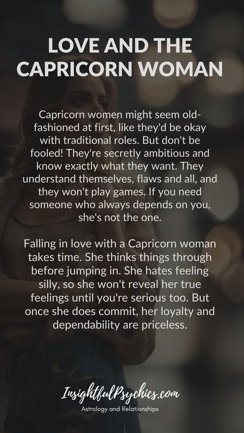 Capricorn women seem traditional but are secretly ambitious and self-aware. They won't be clingy. They fall in love carefully and hate feeling vulnerable. But once a Capricorn woman commits, she is incredibly loyal and reliable. Hashtags #capricorn #earthsign #loyalty #ambition #love #capricornwoman #capricornwomen Capricorn Traits Woman, Capricorn Crush, Capricorn Facts Women, Capricorn Girlfriend, Capricorn Love Match, Capricorn And Aries, Capricorn Witch, Capricorn Love Compatibility, Capricorn Vibes