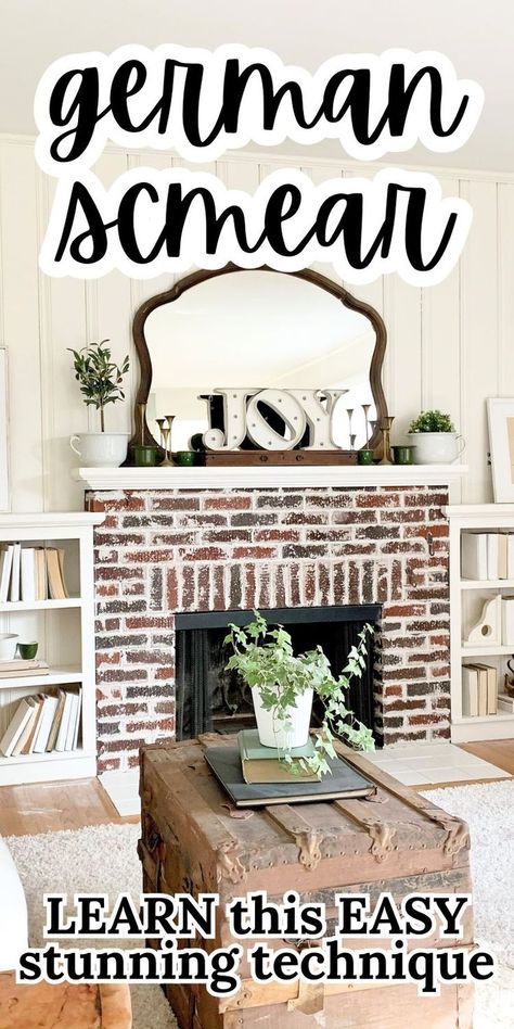 red brick fireplace  with german smear Diy German Smear Brick Tutorial, German Schmere Fireplace, Diy White Wash Brick, Old Brick Fireplace Makeover, Schmear Brick Fireplace, German Schmear Brick Fireplace, German Smear Brick Fireplace, Red Brick Fireplace Makeover, German Schmear Brick