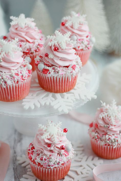 Whimsical Pink Winter Wonderland Cupcakes - Baking with Blondie Baby It’s Cold Outside Shower Cupcakes, It’s Cold Outside Baby Shower Cake, Pink Snowflake Baby Shower Ideas, Winter Wonderland Cupcakes, Easy Christmas Dessert Recipes, Snowflake Cupcakes, Wonderland Cupcakes, Baking With Blondie, Easy Christmas Dessert