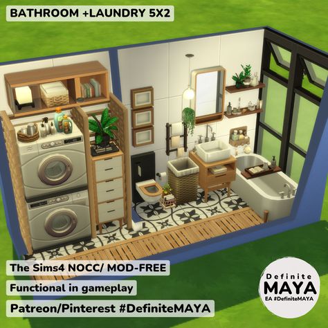 NOCC/ Mod-Free/Need Packs **Functional in gameplay. ***Download from EA gallery #DefiniteMAYA *** Support me on Patreon *** Sims 4 Mudroom Ideas, Sims 4 Bathroom No Cc, Sims 4 Laundry Room, Sims 4 Bathroom, Bathroom With Laundry, Sims Rooms, Sims Builds, Sims Ideas, Sims 4 House Design