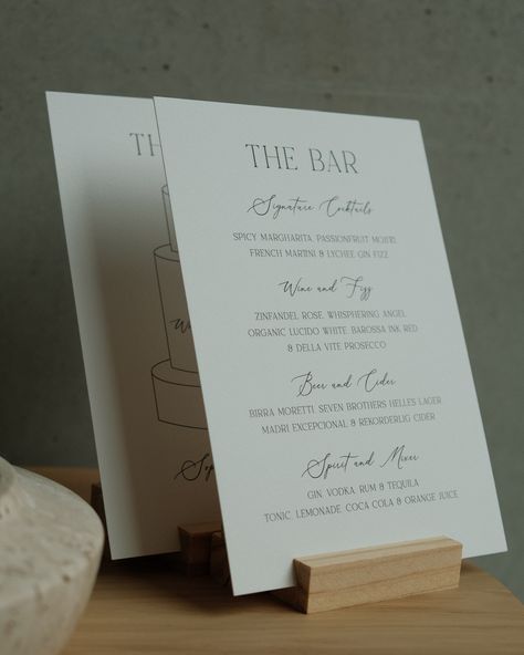 Our on the day printed wedding signs are a stylish way to give your guests all the important information they need. These modern signs showcase your cake flavour & drink choices to your guests! ~ #weddingstationery #weddinginvitations #weddingstationeryuk #weddingpaper #luxuryweddingstationery #foiledprintedweddingstationery #2024bride #2025bride #bridetobe #bohowedding #weddingdetails #smallbusinessuk #isaidyes #newlyengaged #imgettingmarried #wesetthedate #cheshirewedding #cheshirebride... French Martini, Gin Fizz, Zinfandel, Flavored Drinks, Important Information, Cake Flavors, Wedding Paper, Tequila, Wedding Signs