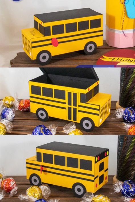 School Bus Teacher Appreciation Gift Box Printable 3d Shapes, Diy Valentines Box, Kids Bus, Bus Crafts, Apple Gift Card, Apple Gifts, Twins 1st Birthdays, Pumpkin Gift, 3d Shapes