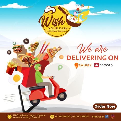 We Are Delivering Online 🏍️ ------ Order Now Available on Zomato & Swiggy. . Takeaway Delivery Also Available . Call us for more info: +91 8874888804, +91 8874888805 . . . #multicusinerestaurant #wishyourdish #wishyourdishmulticusinerestaurant #bestfoodinlucknow #bestrestaurantinlucknow #restaurant #Authentic #Authentictaste #food #foodie #foodlove #cooking #instadaily #takeaway #swiggy #zomato #chai #chailover #memory #stays #taste #dosa #swiggy #online #zomato #delivering Restaurant Promotions, Food Delivery App, Food Graphic Design, Delivery App, Food Poster, Online Food, Food Delivery, Best Foods, Restaurant