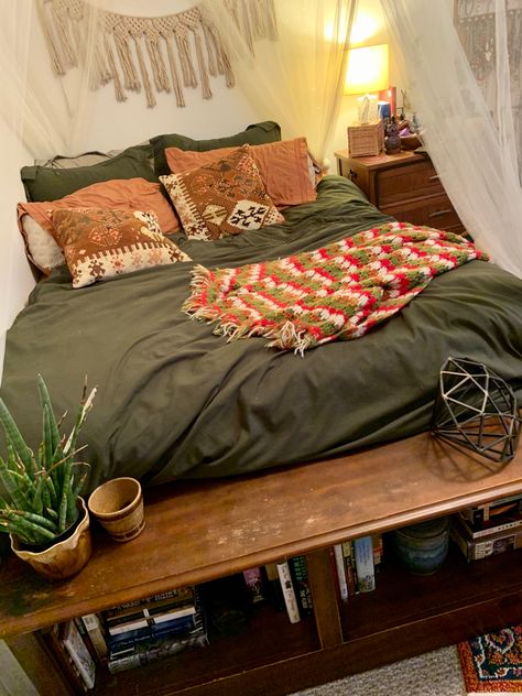 Wooden Bed Frame Ideas Diy, Indie Bed Frame, Book Shelf Bed Frame, Diy Bookshelf Bed, Bookshelf Bedframe, Cozy Bed Frame, Dark Wood Bedframe, Bookshelf Bed Frame, Bed Frames Aesthetic