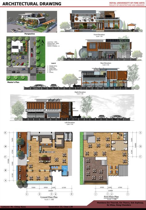 This was a group project to design a coffee shop in Phnom Penh Coffee Shop Plans Architecture, Restaurant Concept Ideas Architecture, Foodcourt Design Outdoor, Restaurant Exterior Design Modern, Cafe Architecture Exterior, Restaurant Plan Architecture, Coffee Shop Layout, Cafe Floor Plan, Restaurant Floor Plan