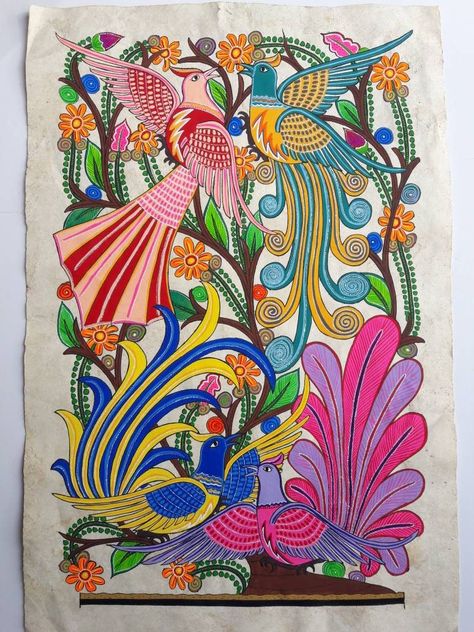 Mexican Art Traditional, Amate Painting, Ks3 Art, Mexican Folk Art Painting, Mexican Artwork, Mexican Paintings, Folk Painting, Polish Folk Art, Arte Folk