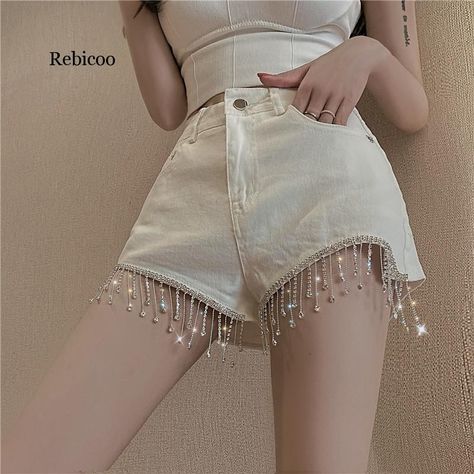 Clothing Decoration, Desain Buklet, Rhinestone Fringe, Wedding Boots, Denim Chic, High Waisted Jean Shorts, Jeans For Short Women, White Fur, Denim Shorts Women