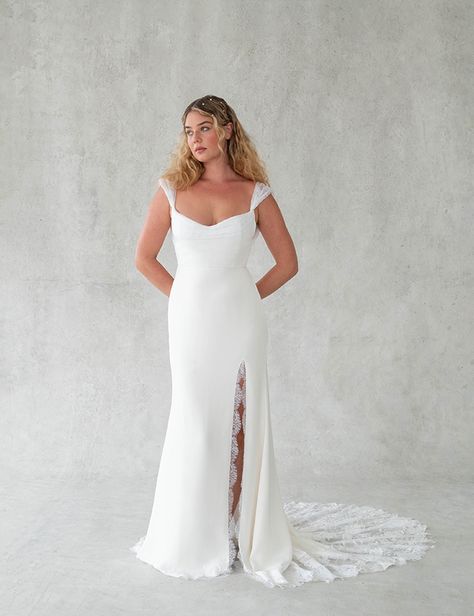 Alexandra Grecco Wedding Dress, Column Sheath Wedding Dress, Floral Embroidered Gown, Drop Waist Gown, 2024 Wedding Dresses, Bridal Cap, Alexandra Grecco, Wedding Dress Cap Sleeves, Sheath Wedding