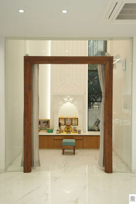 A Subtle Colour Palette To Induce An Old-World Charm To The Interiors | A-TRIO ARCHITECTS - The Architects Diary Room With Two Windows, Family Lounge, Mandir Design, Bathroom Design Layout, Pooja Room Door Design, Pooja Room Design, Room Door Design, Puja Room, Entrance Foyer