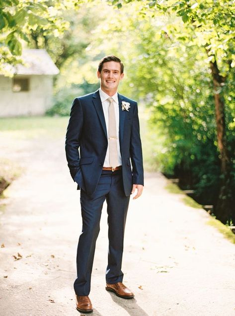 Summer Garden Wedding in Knoxville Tennessee | The Perfect Palette Navy Blue Suit Wedding, Casual Groom Attire, Summer Wedding Suits, Navy Suit Wedding, Wedding Groomsmen Attire, Navy Suits, Groom And Groomsmen Suits, Casual Grooms, Mens Wedding Attire