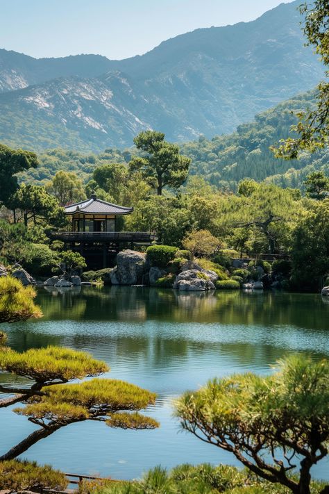 Immerse yourself in the tranquility of this serene Japanese garden, where reflective waters mirror lush, sculpted pines. A perfect blend of peace and beauty. Save this pin for ultimate relaxation inspiration and follow us for more breathtaking landscapes! ✨🌿📌 Lake Vibes, Asian Landscape, Zen Gardens, Ipad Background, Japanese Gardens, Beautiful Landscape Wallpaper, Japan Art, Breathtaking Landscapes, Landscape Wallpaper