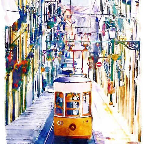 Lisbon Watercolor Cityscape Lisbon Watercolor, Lisbon Art, Lisbon Postcard, Lisbon Watercolor Paintings, Lisbon City Map, Lisbon Street Art, Watercolor Cityscape, Watercolor Landscapes, Cityscape Art