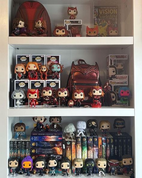 Wanda Maximoff Bedroom, Funko Pops Aesthetic, Funko Shelves, Marvel Shelf, Marvel Bedroom Decor, Marvel Themed Room, Funko Pop Shelf, Collectors Room Ideas, Funko Display Ideas