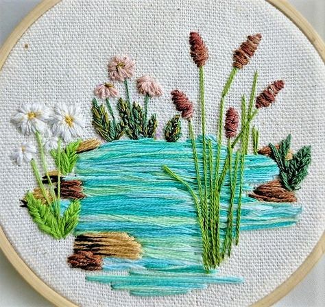 I would do the water in different blues, but it inspires me. Contemporary Embroidery Designs, Water Embroidery, Embroidery Water, Contemporary Embroidery, Diy Embroidery Patterns, Embroidery Works, Hand Embroidery Projects, Pola Sulam, Hand Embroidery Flowers