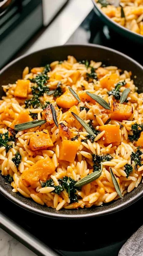 Sweet roasted butternut squash combines with fragrant sage in this fall-inspired orzo dish that's easily adaptable for vegan diets. Vegan Fall Dinner, Butternut Squash And Sage, Orzo Dishes, Fall Dinner, Roasted Butternut, Roasted Butternut Squash, Orzo, Vegan Diet, Butternut Squash