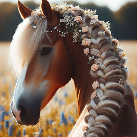 Horse with Braided Mane A close-up of a beautiful horse with a neatly braided mane, adorned with delicate flowers, standing in a field of wildflowers. #horse #homesweethome #horses #horsesofinstagram #horseriding #horsepower #reelsinstagram #trendingreels #trendingreels #reels #viralvideos #instagram #tiktok #reelsvideo #instalike #top #toptags Horse Braids, Standing In A Field, Horse Braiding, Field Of Wildflowers, Horse Illustration, Horse Tattoo, Patrick Mahomes, Friesian Horse, Beautiful Horse