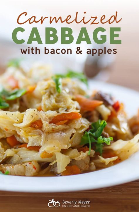 Carmelized Cabbage w. Bacon and Apples is the best recipe I know for the family to beg for Cabbage. It's sweet, and fruity and overall the best cabbage dish ever. Try it and see if you're a Cabbage Lover in disguise. //OnDietandHealth.com Gaps Meals, Apples And Cabbage Recipe, Caramelized Cabbage, Cabbage With Bacon, Cabbage Side Dish, Paleo Vegetables, Paleo Side Dishes, Sauteed Cabbage, Paleo Sides