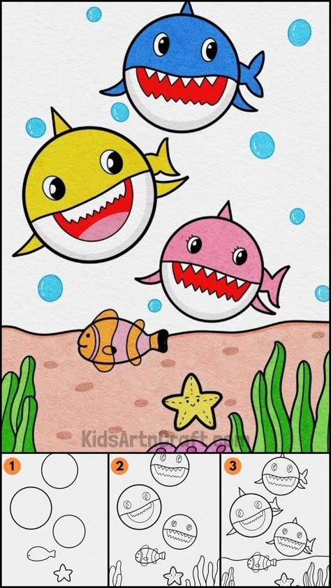 Cute Underwater Drawing, Drawing For 6 Yrs Old, Underwater Drawing For Kids, Kids Drawing Ideas Step By Step, Step By Step Drawing For Kids, Drawing For Small Kids, Sharks Underwater, Fish Drawing For Kids, Easy Fish Drawing