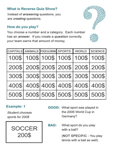 Quiz Questions: Jeopardy in Reverse - ALL ESL Esl Board Games, Jeopardy Questions, Jeopardy Game, Bingo Sheets, Esl Games, Printable Board Games, Argumentative Writing, Esl Classroom, Esl Activities