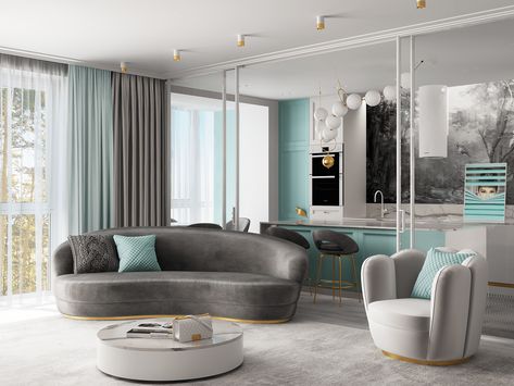 TIFFANY APARTMENT :: Behance Tiffany Living Room Decor, Tiffany Blue Interior Design, Tiffany Blue Accent Wall, Tiffany Blue Living Room, Tiffany Blue Office, Tiffany Inspired Bedroom, Tiffany Blue Rooms, Tiffany Blue Walls, Spa Vibes