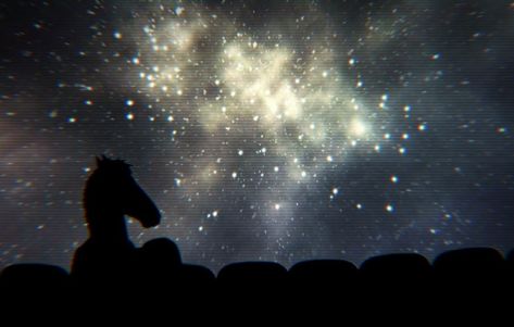 Bojack Horseman and Sarah Lynn are sitting together in the planetarium. In front of them is a bright display of space, stars, and galaxies. Sarah Lynn Planetarium, Bojack Horseman Planetarium, Bojack Horseman Tattoo Sarah Lynn, Bojack Horseman Banner, Bojack And Sarah Lynn, Sarah Lynn Aesthetic, Bojack Aesthetic, Bojack Horseman Sarah Lynn, Sarah Lynn