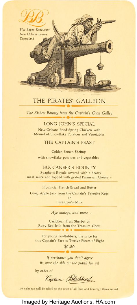 Here's a children's rare menu from the Pirates' Galleon at the Blue Bayou Restaurant in New Orleans Square. The menu is from the opening of the wildly popular attraction, Pirates of the Caribbean in 1967. The menu boasts the "Richest Bounty from the Captain's Own Galley" and features items like chicken, spaghetti, and golden-brown shrimp. The menu measures 5" x 11.25". Light edge wear, in Good condition. Caribbean Dinner, Pirate Ideas, Pizza Menu, Like Chicken, Blue Bayou, Pirate Halloween, Chicken Spaghetti, Family Movie, Family Movie Night