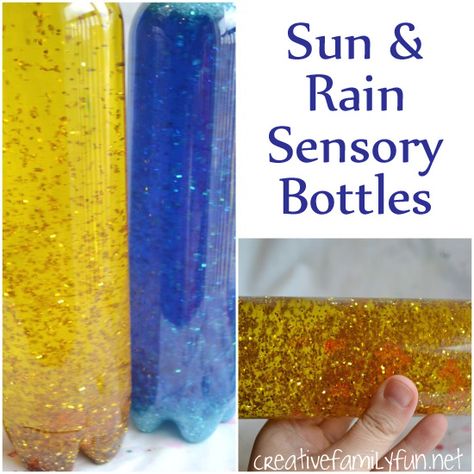 Fun Sun & Rain Sensory Bottles. So easy to make and they last a long time! We've been using ours for over a year! Preschool Sensory Bottles, Easy Sensory Bottles, Weather Curriculum, Museum Activities, Garden Preschool, Mfw Kindergarten, Kindergarten Sensory, Sensory Materials, Sun Activity