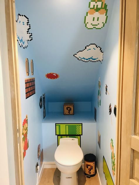 Mario Bathroom, Mario Bros Room, Kids Play Area Indoor, Gaming Cafe, Modern Door Hardware, Selfie Museum, Game Cafe, Arcade Room, Airbnb Ideas