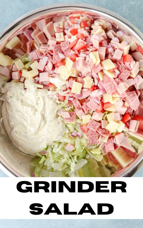 grinder salad ingredients in a silver mixing bowl Cold Salads For Dinner, Meat Salad Sandwiches, Sub Sandwich In A Bowl, Lunch Meat Salad, Meat Salads Cold, Club Sandwich Salad, Sun In A Tub Recipe, Deli Salads Recipes, Sandwich Salad Recipes