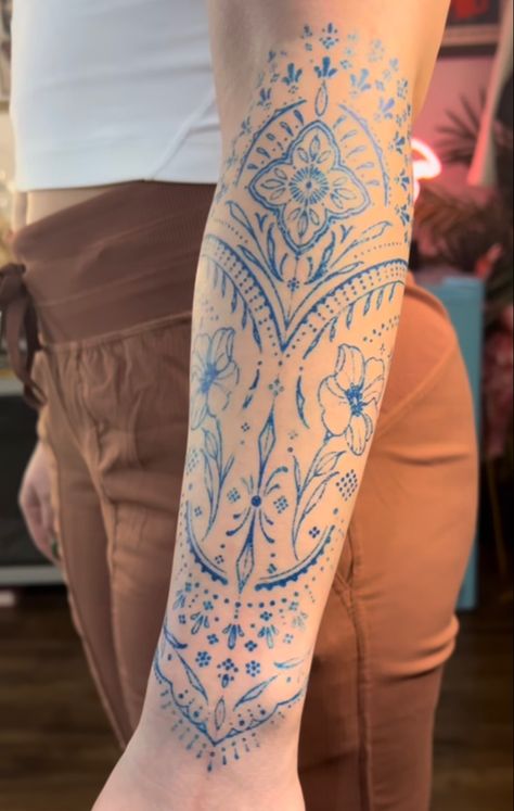 Huge Tattoo Ideas, Shahnameh Tattoo, Lower Arm Mandala Tattoos For Women, Blue Ornamental Tattoo, Blue Mandala Tattoo, Spanish Heritage Tattoo, Large Ornamental Tattoo, Inside Arm Sleeve Tattoo, Patch Work Sleeves Tattoo