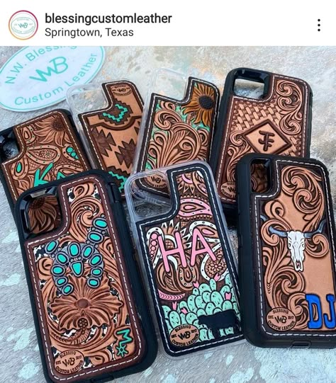 Tooled Leather Projects Ideas, Tooled Phone Case, Leather Tooled Jewelry Case, Punchy Phone Cases, Western Phone Cases, Custom Leather Phone Case, Leather Phone Case Handmade, Tooled Leather Phone Case Western, Tooled Leather Phone Case