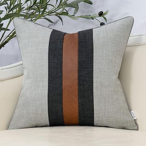 Yangest Grey Patchwork Linen Throw Pillow Cover Farmhouse Burlap Cushion Case Faux Leather Pillowcase for Sofa Couch Bedroom Living Room Home Decor,18x18 Inch Made of premium linen-like fabric feeling soft and comfy, bringing luxurious design and chic style to your living room. This pillow has wonderful accent covers- pulling all your colors together in your home. This pillow is perfect for sofa, bed, couch, car, chair and bay window. Also can be used as a gift for friends and families. Living Room Gray, Couch Bedroom, Car Chair, Farmhouse Throw Pillow, Plaid Throw Pillows, Patchwork Cushion, Patchwork Pillow, Modern Throw Pillows, Bed Couch